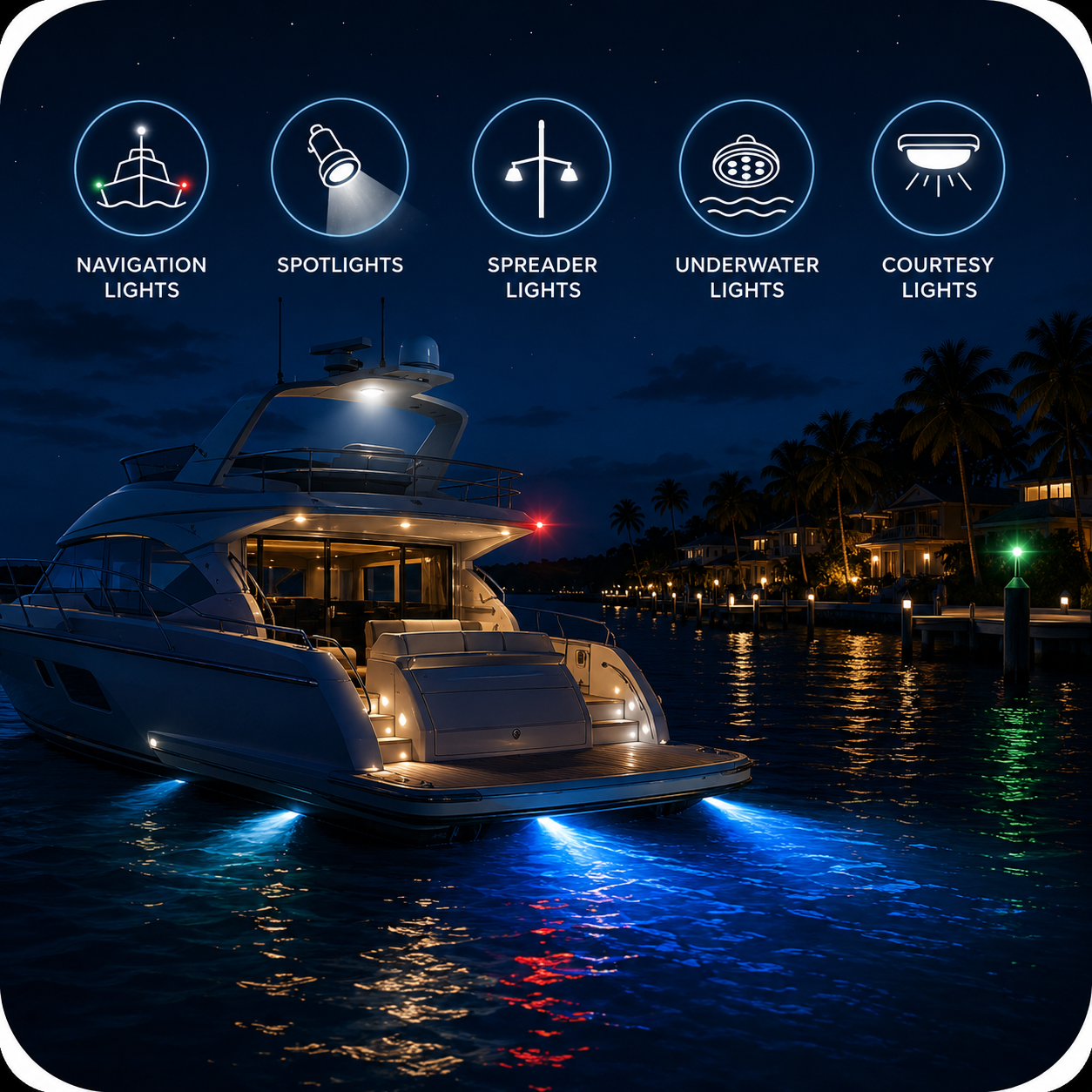 Modern yacht at night with navigation lights, spreader lights, underwater lights, and marina lighting on a deep blue ocean background.